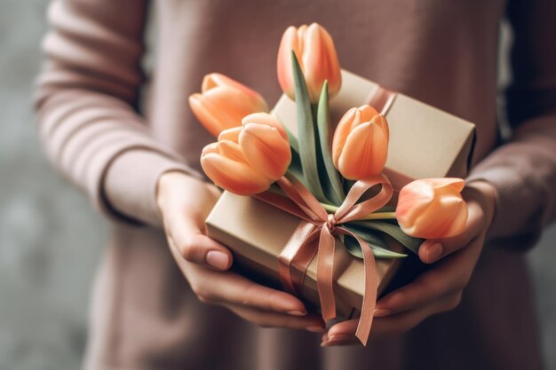 Donna che tiene in mano un regalo e un mazzo di tulipani Biglietto d'auguri per la festa della mamma IA generativa