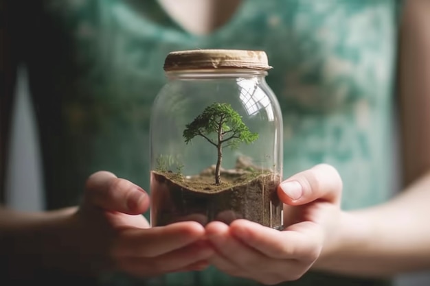 Donna che tiene un vaso vero e proprio con una pianta ad albero all'interno del concetto di Giornata della Terra