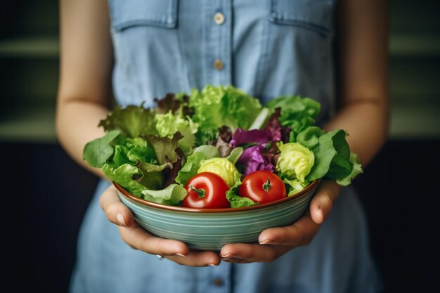 Donna che tiene una ciotola di insalata con verdure vivaci e un condimento leggero AI generativo