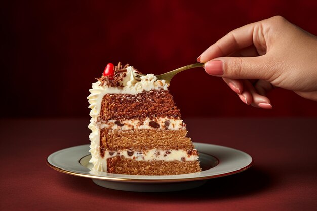 Donna che tiene una fetta di torta con una forchetta