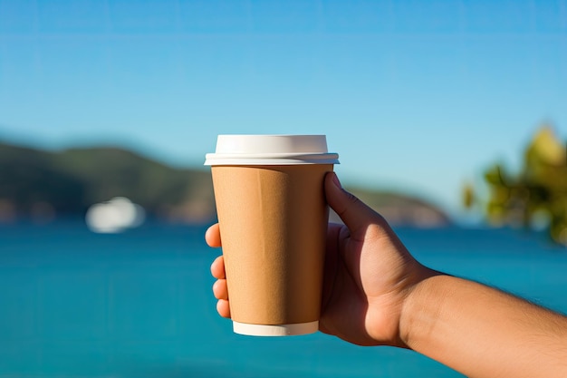 Donna che tiene una tazza di caffè di carta da asporto su sfondo blu Primo piano