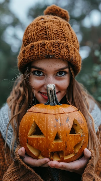 Donna che tiene una zucca davanti al viso