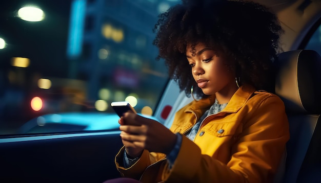 donna che usa il cellulare sul sedile anteriore di notte