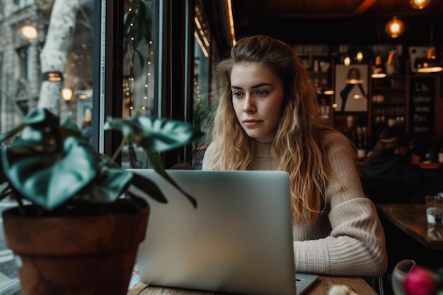 Donna che usa il portatile in un caffè