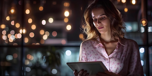 Donna che usa il tablet per lavorare sulla strategia digitale in ufficio di notte Concetto Strategia digitale Donna in ufficio Uso del tablet Scena tecnologica del lavoro notturno