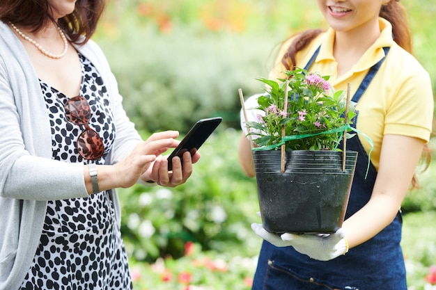 Donna che usa l'app per la ricerca di fiori