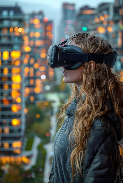 Donna che usa occhiali di realtà virtuale in città