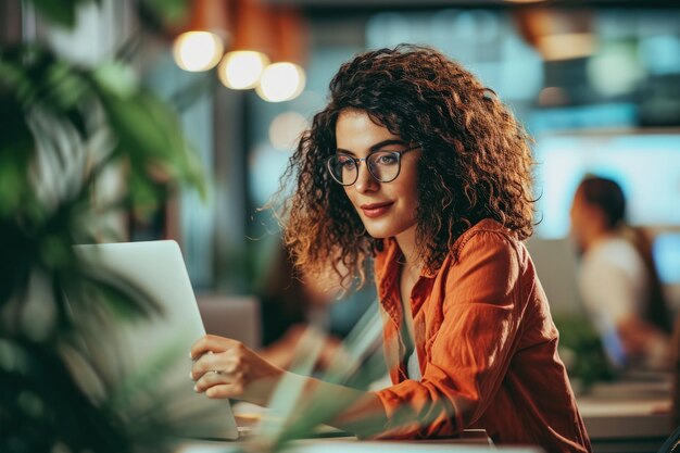 Donna che utilizza il computer portatile al tavolo