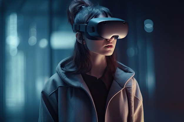 Donna che utilizza l'auricolare per realtà virtuale VR gadget formazione online o concetto di gioco IA generativa