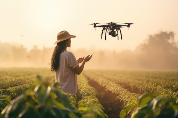 Donna che utilizza un drone per spruzzare pesticidi sulle colture in campo agricolo