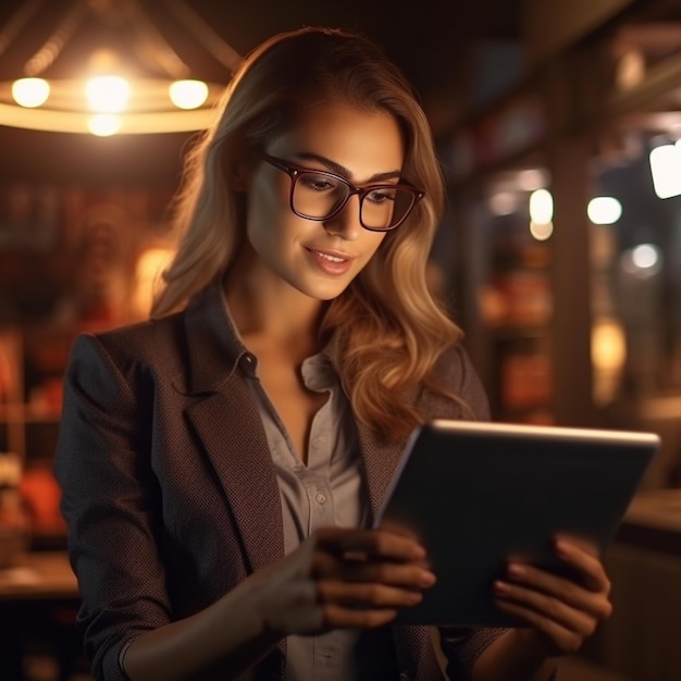 Donna che utilizza un tablet in un bar con una luce sullo sfondo.