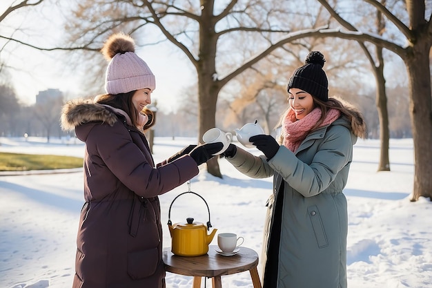 Donna che versa il tè alla fidanzata in una tazza in piedi al parco durante l'inverno