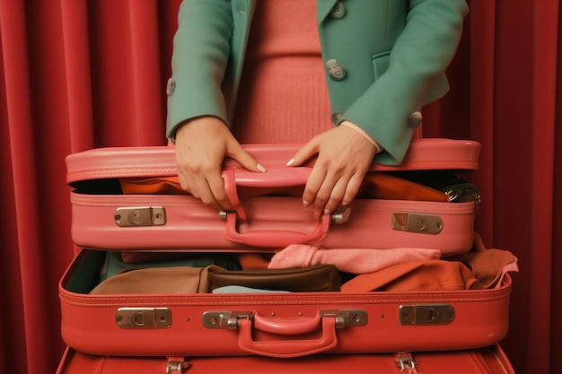 Donna che viaggia vacanza pacchetto valigia viaggio vestiti viaggio vacanza borsa bagaglio concetto viaggio stile di vita