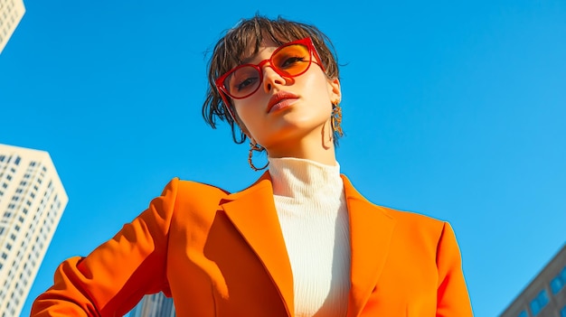 Donna chic in elegante abito arancione contro il cielo blu