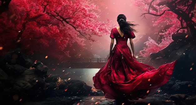 donna cinese in rosso che cammina sotto i fiori di ciliegio nello stile di scene fantasy epiche