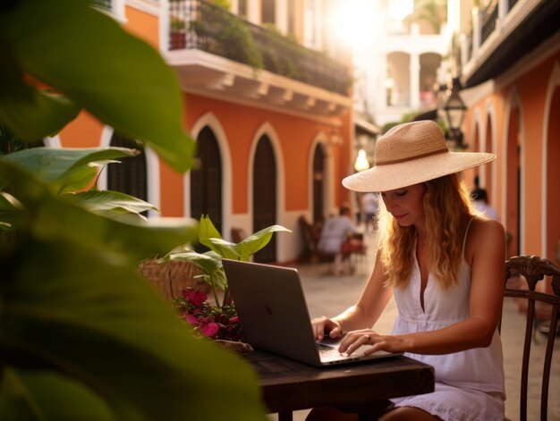 Donna colombiana che lavora su un portatile in un ambiente urbano vibrante