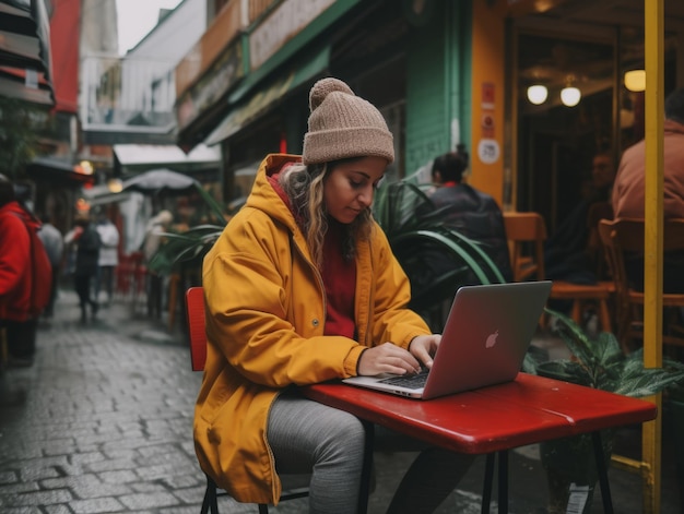 Donna colombiana che lavora su un portatile in un ambiente urbano vibrante