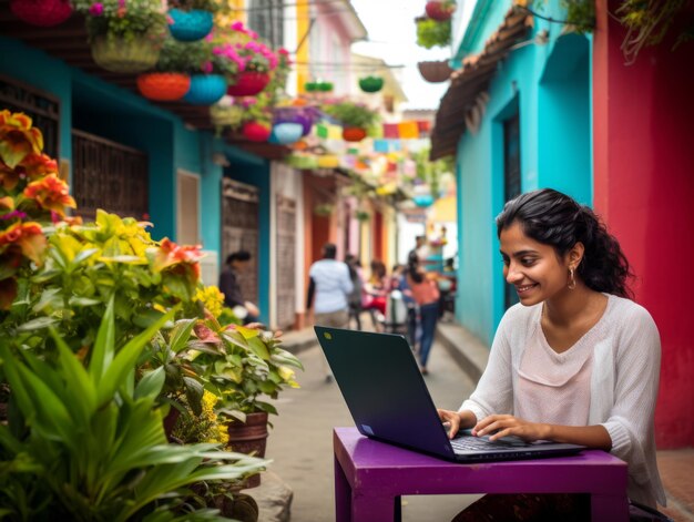 Donna colombiana che lavora su un portatile in un ambiente urbano vibrante