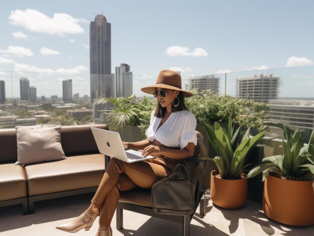 Donna colombiana che lavora su un portatile in un ambiente urbano vibrante