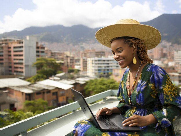 Donna colombiana che lavora su un portatile in un ambiente urbano vibrante