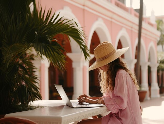 Donna colombiana che lavora su un portatile in un ambiente urbano vibrante