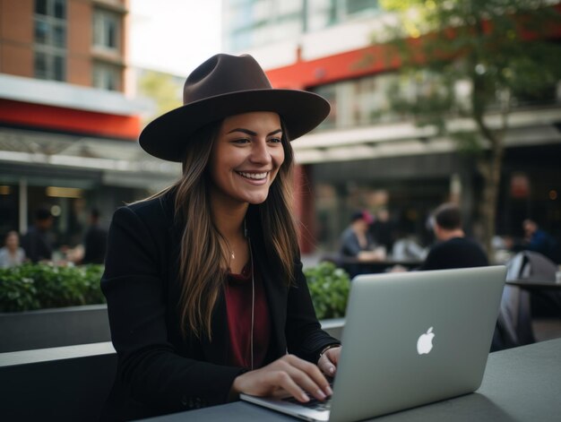 Donna colombiana che lavora su un portatile in un ambiente urbano vibrante