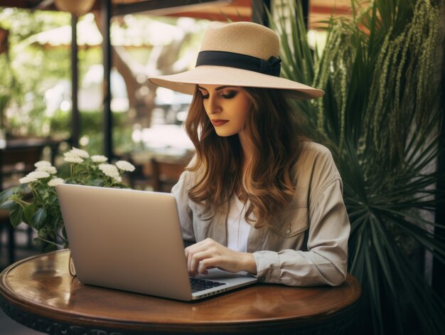 Donna colombiana che lavora su un portatile in un ambiente urbano vibrante