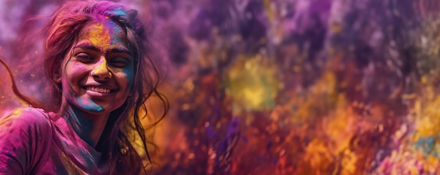 Donna colorata con un sorriso luminoso e i capelli coperti di vernice colorata