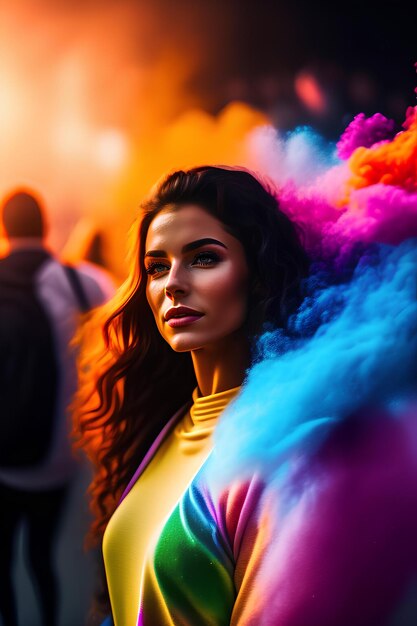 Donna colorata e fumo colorato Vibrazioni del Festival di Holi