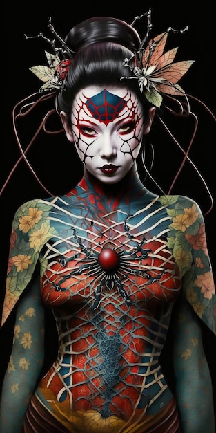 Donna come GEISHA GIAPPONESE con tatuaggio colorato su tutto il corpo