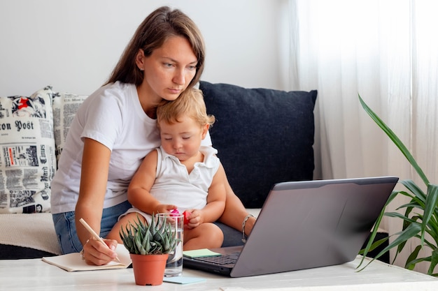Donna con bambino che lavora al computer portatile da casa