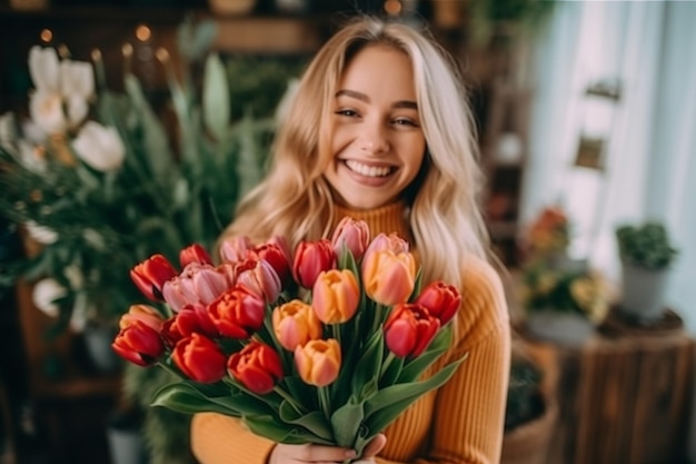 Donna con bouquet di tupils in primavera ritratto all'aperto di giovane ragazza sorridente con fiori in strada IA generativa