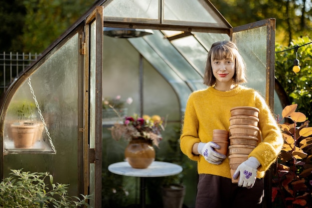 Donna con brocche in giardino