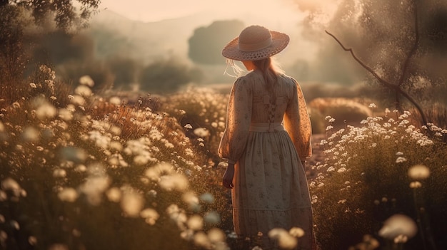 Donna con capeline e abito vintage che cammina attraverso un campo di fiori all'alba IA generativa