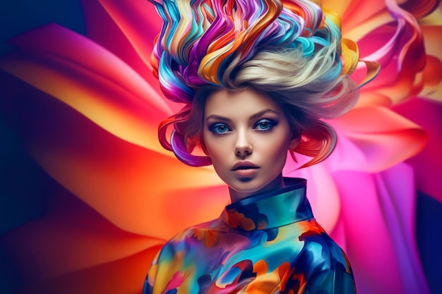 Donna con capelli colorati e vestiti multicolori su Generative AI