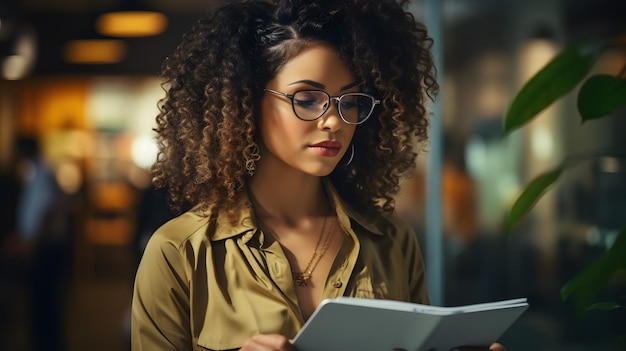 donna con capelli ricci e occhiali guardando un computer tablet AI generativa