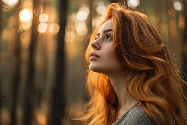 Donna con capelli rossi nella foresta