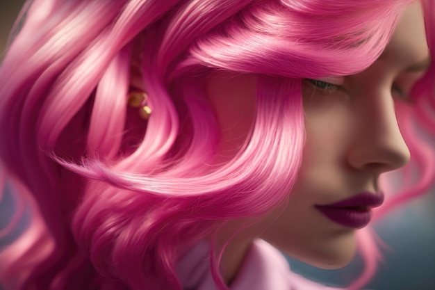 Donna con capelli tinti di colore rosa vista ravvicinata Acconciatura alla moda AI Generation