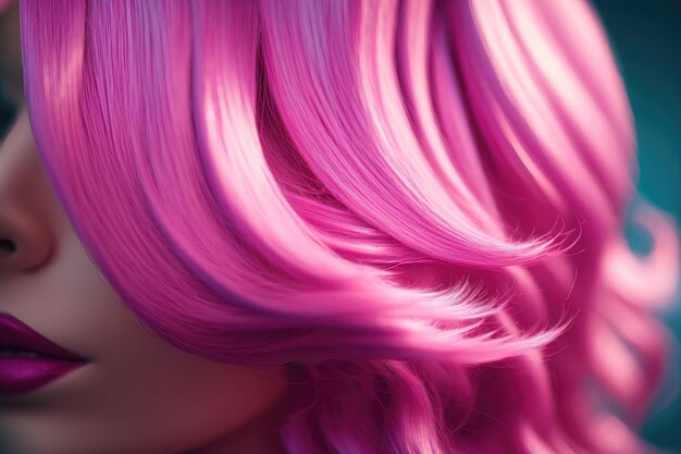 Donna con capelli tinti di colore rosa vista ravvicinata Acconciatura alla moda AI Generation