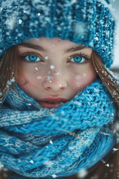 Donna con cappello blu e sciarpa