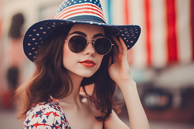 Donna con cappello con simboli americani Bella ragazza che celebra la festa tradizionale nazionale degli Stati Uniti