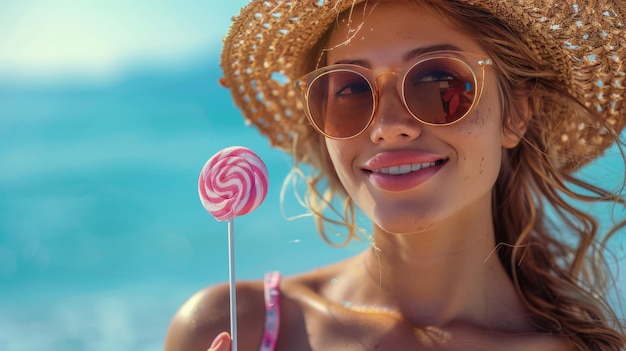 Donna con cappello di paglia e occhiali da sole con un lecca-lecca