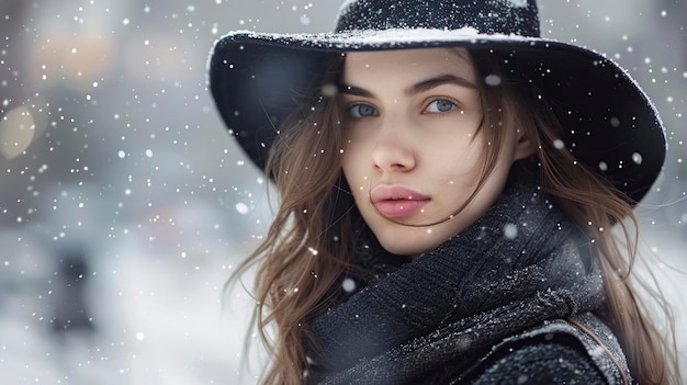 Donna con cappello e cappotto nella neve