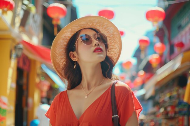 Donna con cappello e occhiali da sole che guarda il cielo AI generativa