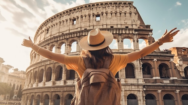 donna con cappello e zaino che alza le braccia sullo sfondo del Colosseo