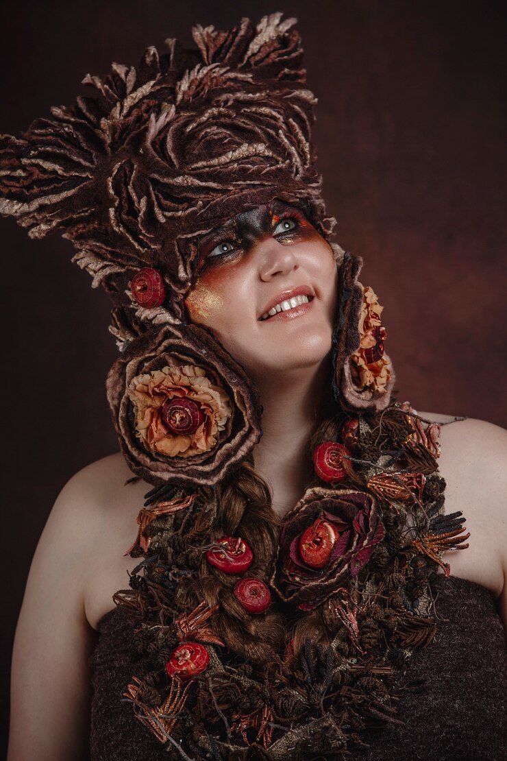Foto donna con cappello floreale su una stanza buia