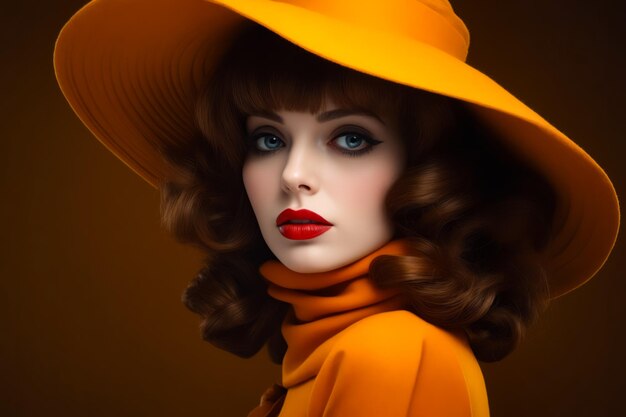 Donna con cappello giallo e rossetto rosso AI generativa