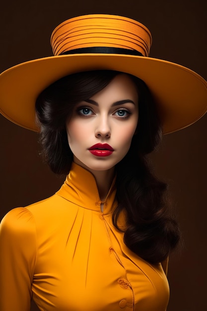 Donna con cappello giallo e vestito giallo AI generativa