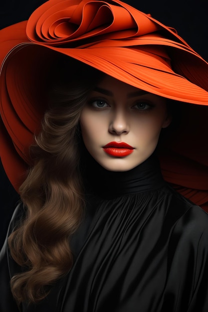 Donna con cappello rosso e capelli lunghi che indossa un vestito nero AI generativa