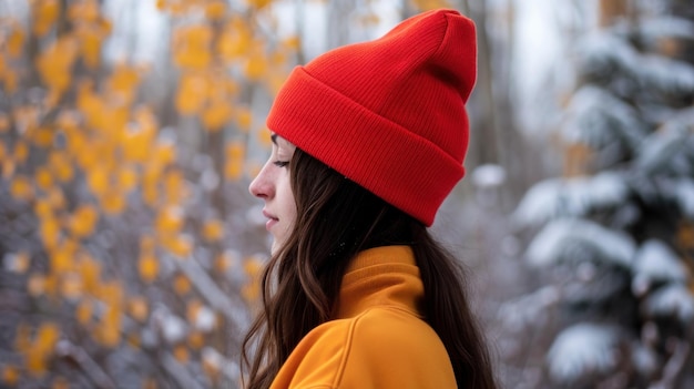 Donna con cappello rosso in piedi nella neve